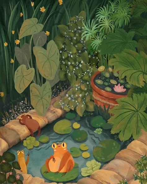 Cute Pond Art, Pond Illustration, Garden Illustration, Children Book Illustration, Trees Nature, Children's Book Illustrations, Garden Pond, Sweet Summertime, Frog And Toad