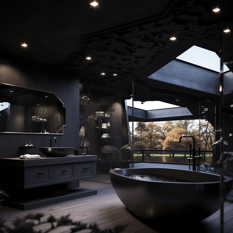 Dark Aesthetic bathroom inspo Black Luxury Bathroom Aesthetic, Dark Interior Design Bathroom, Dark Fantasy Bathroom, Kamar Mafia, Black Bathroom Aesthetic, Dark Luxury Bathroom, Dark Bathroom Aesthetic, Black Luxury Bathroom, Black House Aesthetic