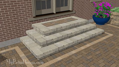 With a large 84" wide stoop and 3 cascading steps, this step design is nothing short of grand. Downloadable plan includes how-to's and material list. Patio Step, Paver Steps, Patio Stairs, Front Door Steps, Front Porch Steps, Large Backyard Landscaping, Brick Steps, Patio Plans, Step Design