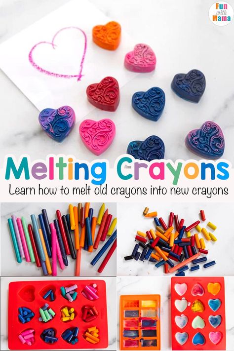 Melting crayons is so much fun! Learn how to melt crayons into new crayons. How To Melt Crayons, Crayon Silicone Mold, Melt Crayons, Crayon Melting, Crayon Molds, Dinosaur Crayons, Making Crayons, Recycled Crayons, Diy Crayons