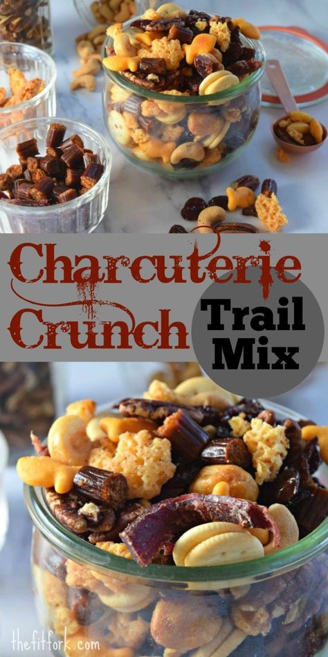 Charcuterie Crunch Beef Trail Mix is a fun and flavorful addition to your football game day snacks. Featuring bits of beef jerky, all cheese crisps, crunch crackers plus nuts and dried fruit -- it's salty-sweet-savory snack that the whole family will love. Plus, you get an extra boost of protein from the beef for the win! Beef Jerky Trail Mix Recipe, Brewery Snack Ideas, Trail Mix With Cheez Its, Savory Trail Mix Recipes, Fireside Snacks, Hunting Snacks, Salty Trail Mix, Meat And Cheese Tray, Healthy Superbowl Snacks