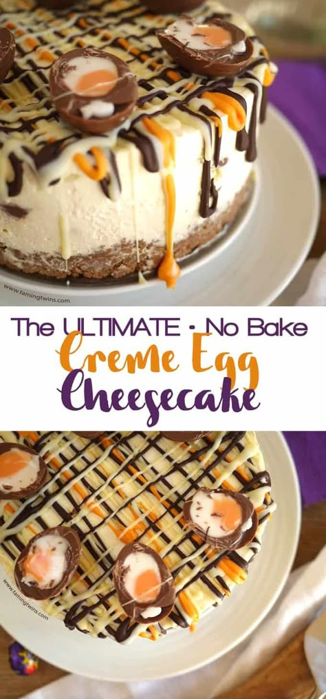 This Cadbury's Creme Egg Cheesecake Recipe (No Bake!) has been viewed over a million times. The ultimate Easter chocolate make, find out what all the fuss is about... This super easy dessert is a buttery biscuit base, topped with light, whipped cream and cream cheese, with chocolate and Creme Eggs. Easily adaptable to be Gluten Free. #easter #cheesecake #dessertrecipe #cremeeggs #tamingtwins Cheesecake Recipe No Bake, Biscuits Butter, Cream Cheese Whipped Cream, Cream Eggs, Creme Eggs, Yellow Food, Cadbury Creme Egg, Cream Icing, Chocolate Biscuits