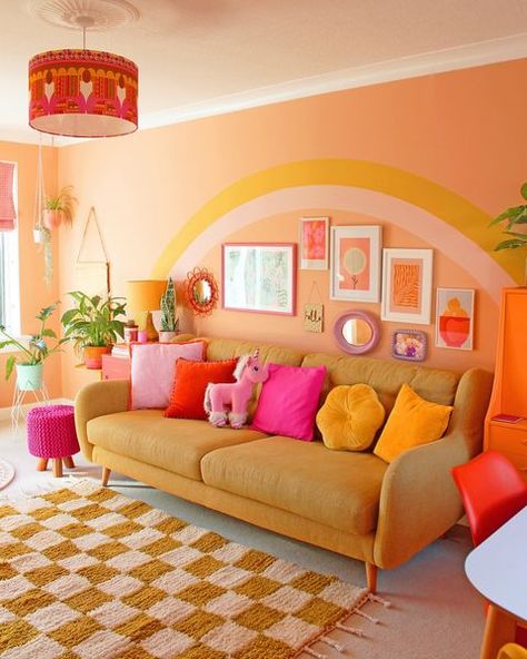 Houses • Instagram Happy House Aesthetic, Colorful Asethic House, Bright Happy Living Room, Colorful Retro Aesthetic Room, Primary Color Room Aesthetic, Acnh Kidcore Living Room, Colorful Mid Century Modern Living Room, Copenhagen Colorful Houses, Colourful Apartment