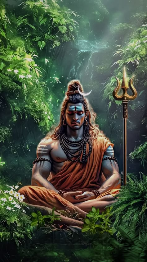 free wallpapers 4K shiva, god, hinduism, trident, pose, meditation, forest, tropics, art for mobile and desktop Lord Shiva Meditating Hd Wallpaper, Lord Shiva Painting Hd Wallpaper, Hd Pictures Of Shiva, Rudra Shiva Wallpaper Hd, Trident Pose, Sivan Lord, Mahadev Pic, Mahadev Photos, Mahadev Images