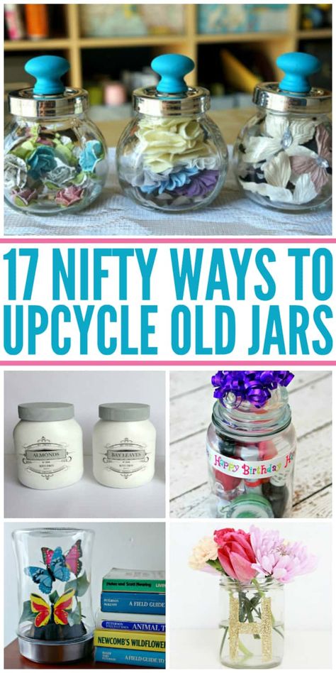 17 Nifty Ways to Upcycle Old Jars - A Photo collage of different things you can make from old jars. Pantry storage organizers, a beautiful butterfly cloche, a manicure gift in a jar, monogram vases and a few jars adorned with cute drawer knobs for a decorative touch! Candle Jars Reuse Diy, Repurpose Jars, Glass Jar Crafts, Upcycle Jars, Reuse Candle Jars, Repurpose Candle Jars, Candle Reuse, Jars Crafts, Old Jars