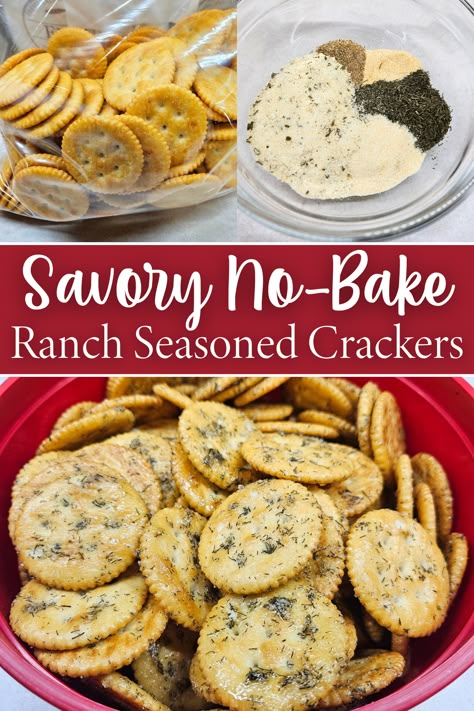 Savory No-Bake Ranch Seasoned Crackers Addicting Baked Seasoned Ritz Crackers, Savory Snack Recipes Easy, Healthy Ritz Cracker Snacks, Snack Crackers Recipes No Bake, Ranch Crackers Recipe No Bake, Ranch Club Crackers Recipe, Seasoned Crackers No Bake, Seasoned Club Crackers, Snack Crackers Recipes Simple