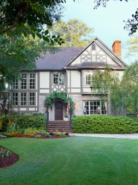 Gloucester Sage, Tudor Exterior Paint, Mortar Wash, Tudor Exterior, Tudor House Exterior, Curb Appeal Ideas, Painted Brick Exteriors, Tudor Cottage, Tudor Revival