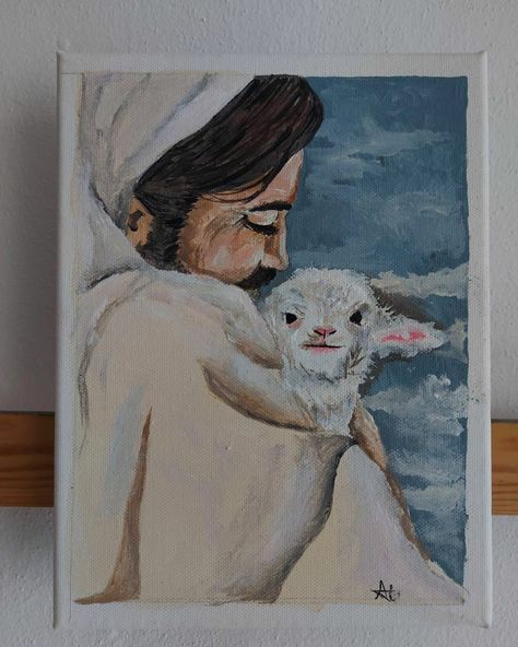 Jesus Painting Aesthetic, Christian Oil Paintings, Lamb Painting Easy, Acrylic Painting Christian, Jesus Painting Ideas, Jesus Acrylic Painting, Jesus Painting Canvases, Easy Christian Painting, Christian Paintings On Canvas