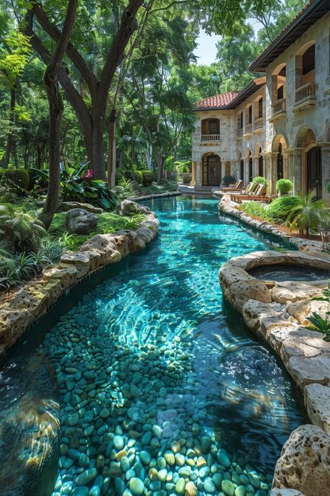 Tropical Pool Landscaping, Sky Window, River Rock Landscaping Ideas, Dream House Aesthetic, Dream Backyard Pool, Rock Designs, River Rock Landscaping, Rock Landscaping Ideas, Rock Landscaping