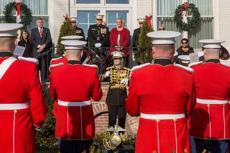 U.S. Marine Corps Lt. Col. Jason K. Fettig, center, director of the U.S. Marine Band, conducts the 2017 Surprise Serenade for Commandant of the Marine Corps Gen. Robert B. Nelle and his family in Washington, D.C. The Surprise Serenade is a tradition that dates back to the mid-1800’s in which the U.S. Marine Band performs music for the Commandant of the Marine Corps at his home on New Years Day. Patriotic Poems, The Few The Proud, Stories Quotes, Devil Dogs, The United States Of America, The Marine, Military Service, New Years Day, Marine Corps