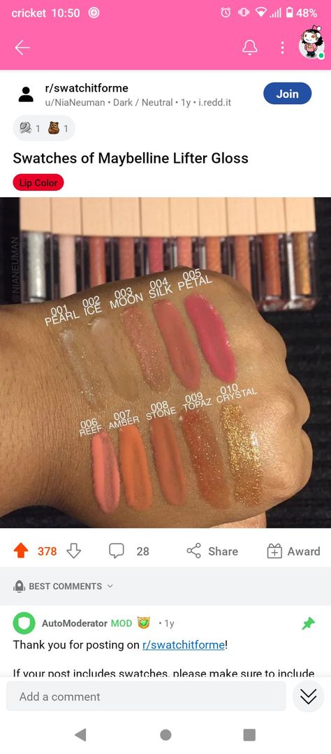 Swatches of Maybelline Lifter Gloss on tan, brown, medium, deep, dark skin Maybelline Lip Gloss Swatch, Lifter Gloss Swatches, Maybelline Lifter Gloss Swatches, Maybelline Lip Lifter Gloss, Lifter Gloss Maybelline, Maybelline Gloss, Maybelline Lip Gloss, Maybelline Lifter Gloss, Maybelline Lifter