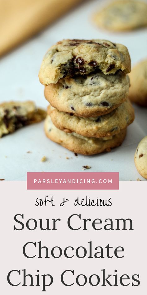 Chocolate Chip Cookies With Sour Cream, Sour Cream Chocolate Chip Cookies, Cake Like Cookies, Cholate Chip Cookies, Nestle Chocolate Chip Cookies, Soft Chocolate Chip Cookies Recipe, Sour Cream Desserts, Sour Cream Cookies, Milk Chocolate Chip Cookies