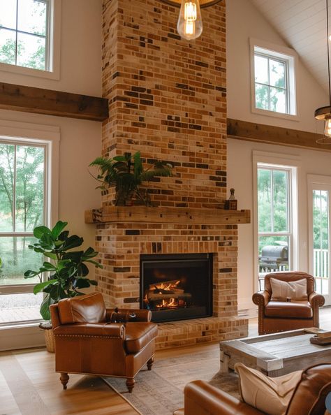 Fireplace With Wood Storage Farmhouse, Red Brick And Shiplap Fireplace, Brick Fireplace High Ceiling, Faux Fireplace Brick, Tv Above Wood Burning Stove, Rustic Living Room Fireplace, Red Brick Fireplace Living Room, Farmhouse With Brick, Tall Brick Fireplace