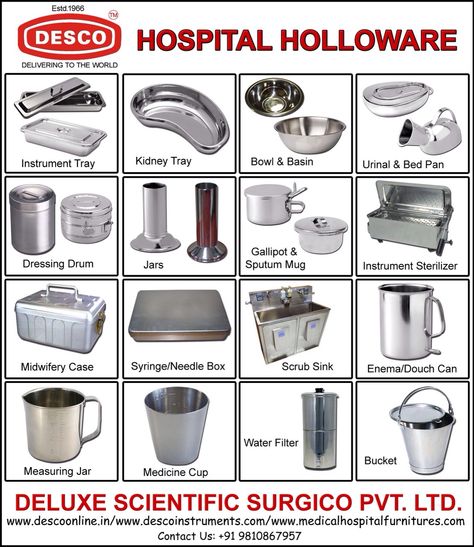 HOSPITAL HOLLOWARE: Includes Instrument Tray, Kidney Tray, Bowl & Basin, Urinal & Bed Pan, Dressing Drum, Jars, Gallipot & Sputum Mug, Instrument Sterilizers, Midwifery Case, Syringe/ Needle Box, Scrub Sink, Enema/Douch Can, Measuring Jar, Medicine Caup, Water Filter, Bucket and others… Hospital Tools, Medications Nursing, Interesting Health Facts, Medical Terminology Study, Nursing School Inspiration, Bed Pan, Bowl Basin, Medical Words, Medical Tools