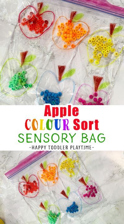 Apple colour sorting sensory bag is a great way to practice colour recognition and sorting with toddlers and preschooler this fall. Pompom Apples Sensory Bag, Apple Activities For One Year Olds, Apple Math For Toddlers, Apple Gross Motor For Toddlers, Apple Preschool Literacy Activities, Fruit Themed Sensory Bin, Apple Tree Sensory Bin, Fine Motor Apple Activities For Toddlers, Apple Theme Classroom Activities