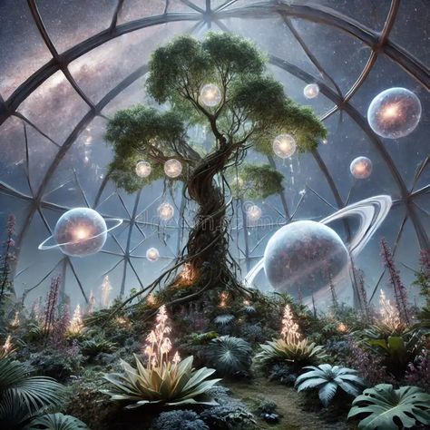 Galactic Botanical Garden in a Transparent Dome: A Futuristic Sci-Fi Landscape with Celestial Views and Alien Flora vector illustration Space Garden Illustration, Galactic Wallpaper, Alien Garden, Flora Vector, Alien Flora, Wallpaper Garden, Alien Plants, Sci Fi Landscape, Abstract Animal Art