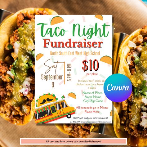 Looking for a Taco Night Fundraiser Invite Template that can either be printed or sent as an Evite? ▪️This editable Pizza Fundraiser Flyers invitation template is easy to use and can be printed from home/work or sent through one of the social media platforms. All text is editable. Pizza Fundraiser, Holiday Spirit Week, Fundraiser Invitation, School Fundraising Events, Creative Fundraising, Fundraising Letter, Fundraiser Party, Easy Fundraisers, Church Fundraisers