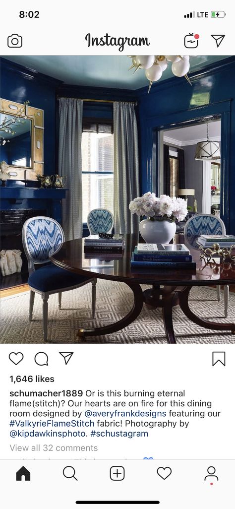 Blue room Blue Ceiling Paint, Best Ceiling Paint, Dark Dining Room, Dining Room Blue, Ceiling Treatments, Blue White Decor, Blue Rooms, Painted Ceiling, Formal Living Rooms