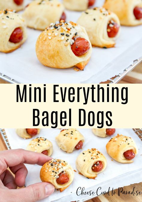 Mini Everything Bagel Dogs are the perfect appetizer for game day or just because! Savory little hot dogs wrapped and brushed with garlic butter. Sprinkled with a little everything bagel seasoning make these an easy winner. #everythingbagel #bageldog #pigsinablanket #appetizers #gamedayfood Bagel Dogs, Bagel Spread, Sausage Appetizers, Everything Bagel Seasoning, Bagel Dog, Appetizer Meatballs, Bagel Seasoning, Veggie Dogs, Everything Bagel