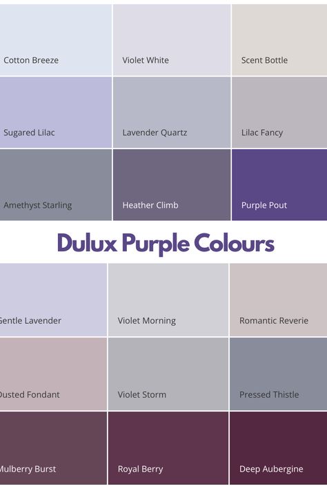 dulux purple colours, swatches of all the different Dulux purple paint colours in their collection ranging from light lilac to deep aubergine Shades Of Purple Wall Paint, Lick Purple Paint, Dulux Purple Paint, Dusky Purple Bedroom, Colours That Go With Purple, Wall Color Ideas For Living Room, 2024 Bedroom Colors, Lilac Wall Paint, Purple Paint Colors Bedroom