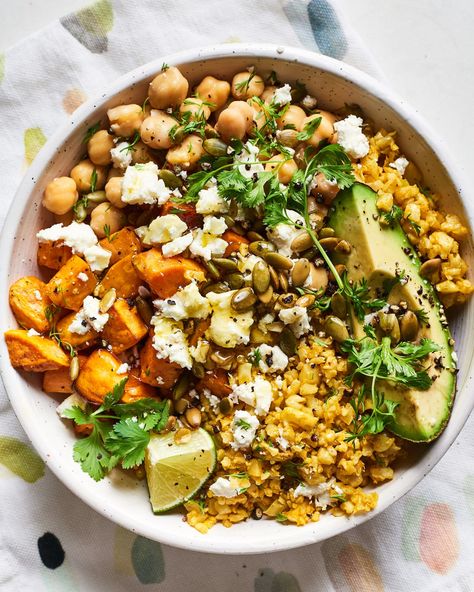 Healthy and Cheap Cauliflower Rice Lunch Bowl Recipe | Kitchn Lunch Bowl Recipe, Rice Lunch, Cheese Cauliflower, Rice Avocado, Cheap Lunch, Lunch Bowl, Chickpea Recipes, Vegetarian Lunch, Meal Prepping