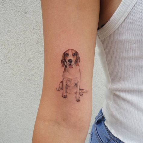 Beagle Tattoo, Small Dog Tattoos, Dog Memorial Tattoos, Single Needle Tattoo, Explore Tattoo, Illustration Tattoo, Bicep Tattoo, Doodle Tattoo, Memorial Tattoos