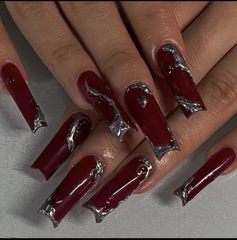 Red And Black Chrome Nails, Victoria Nails, 3d Chrome, Punk Nails, Red Acrylic Nails, Edgy Nails, Goth Nails, Grunge Nails, Silver Nails