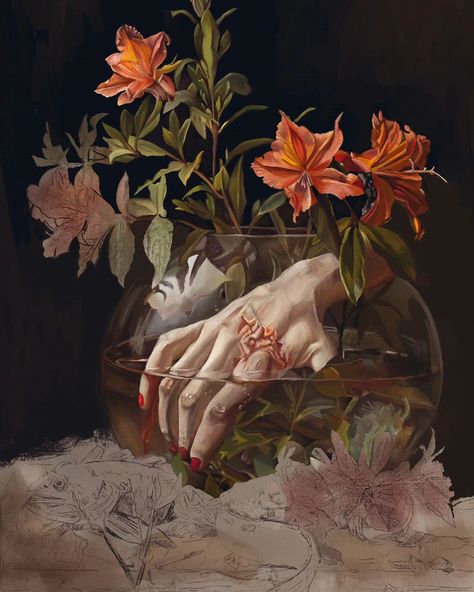 Update pics of the current Still Life I'm working on. Painted with Rebelle 7 pro using the oil brushes. #stilllifepainting #artisticshare #stilllifeart #beautyanddecay #classiclyinspired #witkininspired #beautyanddeath #contemporaryart #digitalcanvas #digitaloilpainting #tradigital #digitalillustrator #digitalpainter #digitaloils #rebelle #madewithrebelle #escapemotions #rebelle7pro Still Life Composition, Beauty Artwork, Round Glass Vase, Digital Oil Painting, Human Touch, Still Life Flowers, Oil Brush, Flowers Petals, Painting Subjects