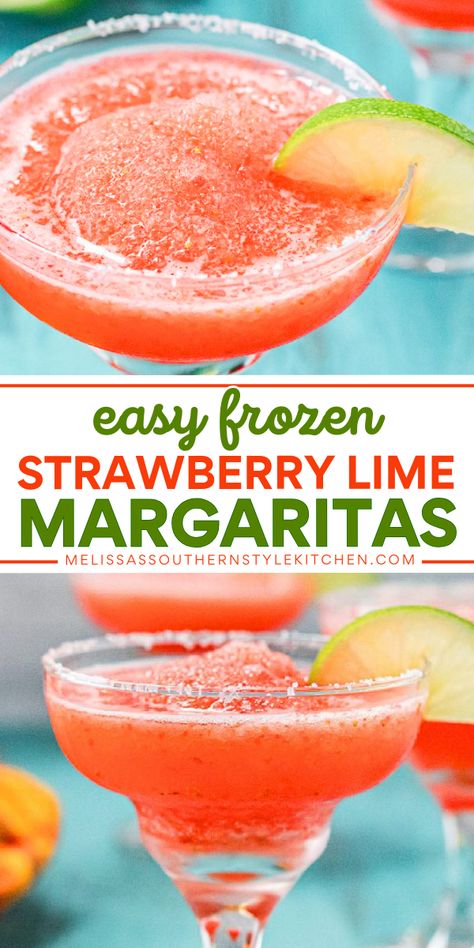 Looking for a spring drink idea or a fun summer frozen treat? Make this easy Frozen Strawberry Lime Margarita or with tequila to have a family-friendly mocktail or full throttle adult drink. Have fun making and sipping this refreshing summer cocktail! Frozen Limeade Margarita Recipe, Strawberry Lime Margarita Recipe, Strawberry Lemonade Margarita, Strawberry Lime Margarita, Canadian Drinks, Limeade Margarita, Alcoholic Recipes, Lime Margarita Recipe, Frozen Strawberry Margarita