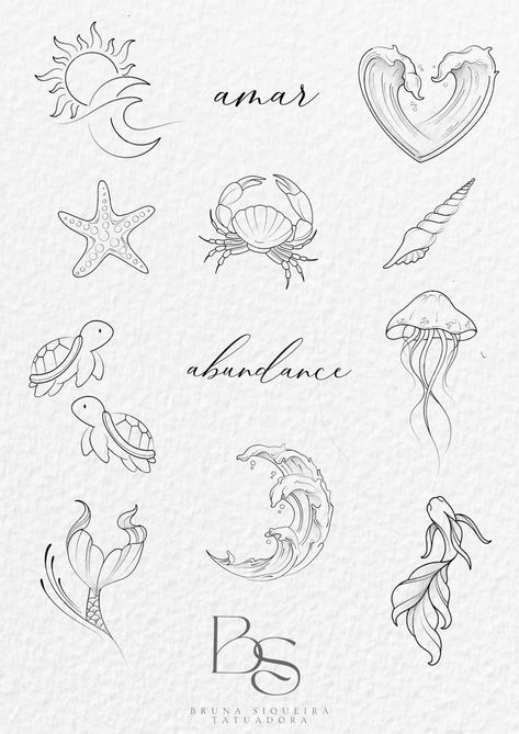 Beachy Flash Tattoo, Sea Creature Flash Tattoo, Delicate Shark Tattoo, Small Sea Creature Tattoo, 2 By 2 Tattoos, Small Ocean Tattoos, Sea Themed Tattoos, Shell Tattoos, Small Girly Tattoos