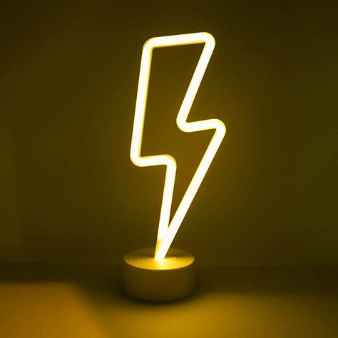 This LED Neon Yellow Lightning Bolt Tabletop Lamp brightens up any interior space while adding a spark of personality to your living room, bedroom, game room and kids’ rooms. This lightweight LED lamp is mounted on a 3.35” wide base and emits a neon light in the sleek outline form of a lightning bolt. Its white color and sleek design blends in on any countertop while the neon yellow LED lights inside the acrylic tubing stand out with a jolt of electric joy. Stairwell Accent Wall, Tabletop Lamp, Yellow Lightning, Decorative Screen Panels, Heart Table, Base Lamp, Table Top Lamps, Bedroom Décor, Night Light Lamp