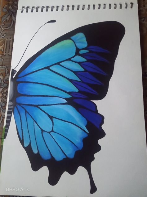 Coloured Drawing Ideas, Blue Butterfly Drawing, Butterfly Drawing Aesthetic, Butterfly Draw, How To Draw Butterfly, Easy Butterfly Drawing, Half Butterfly, Butterfly Art Drawing, Sky Art Painting