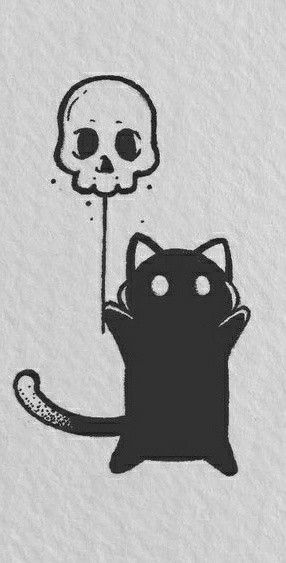 Cat And Skull Drawing, Animal Line Art Drawing, Black Cat Easy Drawing, Small Owl Drawing, Spooky Designs Drawing, Shocked Cat Drawing, Black Cat Sketch Pencil Drawings, Cute Goth Drawings, Cute Owl Drawing Simple