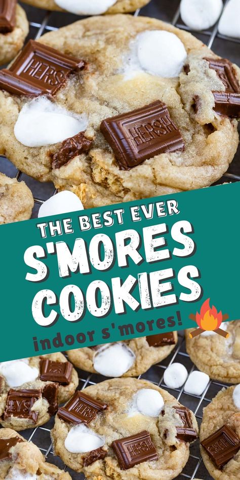 S'mores Cookies are an easy chocolate chip cookie recipe with graham crackers, Hershey Bars and marshmallows. Make indoor s'more cookies all year long! Cookies Smores, Smores Cookies Recipes, Simple Chocolate Chip Cookie Recipe, Marshmallow Chocolate, S Mores Cookies, Smores Dessert, Marshmallow Cookies, Gooey Cookies, Smores Cookies