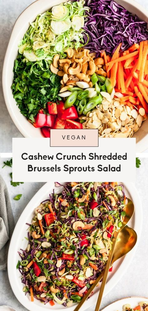 Cashew Crunch Shredded Brussels Sprouts Salad | Ambitious Kitchen Chicken Cashew Crunch Salad, Brussel Sprout Ceaser Salad, Brussels Sprouts Salad Shredded, Sauteed Shredded Brussel Sprouts, Shredded Brussel Sprout Salad, Brussel Sprout Salad Recipes, Sesame Ginger Dressing, Best Summer Salads, Cabbage Rice