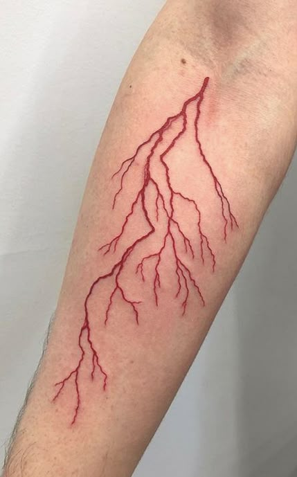 Lightning Line Tattoo, Colorful Lightning Tattoo, Lightning Tattoo Traditional, Lightning Strikes Tattoo, Red Lighting Tattoos, Pink Lightning Tattoo, Lightning Filler Tattoo, Red Lightening Tattoo, Forearm Lightning Tattoo