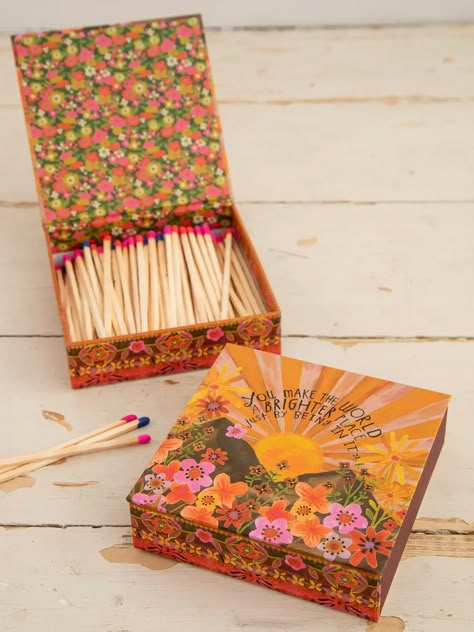 Coffee Table Matches - You Make The World Brighter – Natural Life Diy Matches Box Ideas, Candle Subscription Boxes, Treasure Box Ideas, Match Box Design, Gift Boxes For Friends, Fun Packaging Design, Christmas Presents Diy, Decorated Matchboxes, Cute Small Gifts