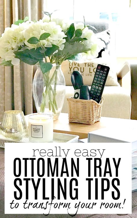 Create a gorgeous living room focal point with these ottoman tray styling ideas. A tray on an ottoman (or footstool or coffee table) can really enhance a rooms interior design, and this article will give you all the tips you need to create your own with ease. Have fun and I can't wait to see what you produce! #traystyling #tray #ottoman #footstool #coffeetable #ottomantraystyling #livingrooms #livingroomdesign Ottoman Round Tray Styling, How To Decorate A Ottoman Ideas, Ottoman Tray Decor Ideas Fall, Big Tray For Ottoman, Tray On Ottoman Decor, Decorative Ottoman Tray Ideas, Square Ottoman Tray Decor Ideas, Serving Tray On Ottoman, Round Ottoman Tray Decor Ideas