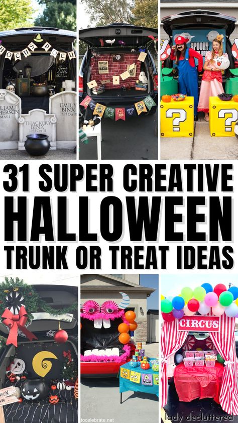 31 Super Creative Halloween Trunk or Teat Ideas Easy Trunk Or Treat Decorations, Car Decorations For Trunk Or Treat, Decorating Car For Trunk Or Treat, Trunk Or Treat Decor Ideas, Trunk Or Treat For Minivan, Trunk Or Treat Halloween Theme, Decorated Trunks For Halloween, Decorate Trunk For Halloween, Halloween Cars Decorating Ideas