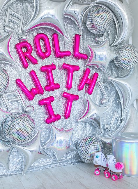 Retro Roller Disco Birthday Party - Inspired By This Unique Party Backdrops, Unique Theme Party Ideas, Disco Themed Birthday Party, Disco Party Backdrop, Roller Disco Party, Disco Party Ideas, Retro Party Decor, Disco Party Decor, Disco Ball Balloons