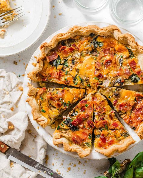 Bacon Mushroom Spinach Quiche - Britney Breaks Bread Quiche Bacon Spinach, Mushroom Bacon Quiche, Mushroom Spinach Quiche, Easy Spinach Quiche, Spinach And Feta Quiche, Mushroom And Spinach Quiche, Mushroom Bacon, Spinach Quiche Recipes, Mushrooms And Spinach