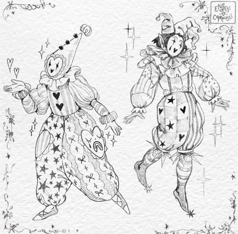 Jester Clown Drawing, Cute Jester Drawing, Clown Couple Drawing, Court Jester Drawing, Matching Clown Tattoos, Clown Pinup Tattoo, Circus Clown Aesthetic, Court Jester Tattoo, Pierrot Clown Art