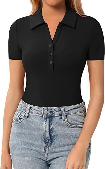 Black Polo Shirt Outfit Woman, Polo Shirt Outfit Women's, Polo T Shirts Women, Black Polo T Shirt, Black Collared Shirt, Collar Shirts Women, Polo Shirt Outfits, Fitted Shirts, Black Polo Shirt