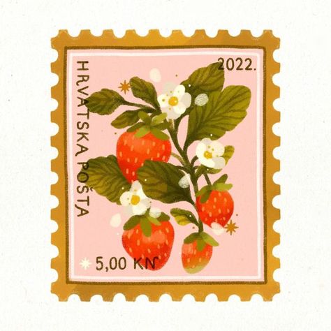 Stamp Doodle Postage, Cute Postage Stamp Drawing, Vintage Strawberry Illustration, Strawberry Postage Stamp, Post Stamp Illustration, Postage Stamp Painting, Vintage Stamp Illustration, Postage Stamp Illustration, Strawberry Postage Stamp Tattoo