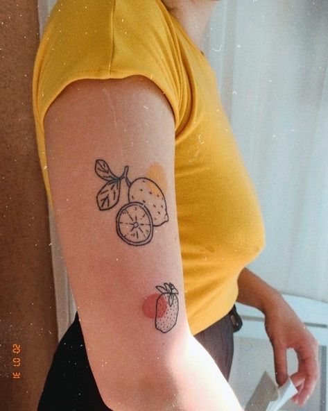 Forearm Tattoos Aesthetic, Produce Tattoo, Tattoo Designs Forearm, Tattoo Fruit, Strawberry Tattoos, Lemon Tattoo, Orange Tattoo, 27 Tattoo, Strawberry Tattoo