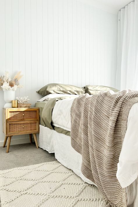 Create a calming and peaceful bedroom space by incoorporating earthy tones into your space 😴💚 White Waffle Knit Bedding, Serena And Lily Harbour Cane Bed, Oatmeal Linen Duvet Cover, Beige Textured Duvet Cover, Hanging Pendant Lights Bedroom Rattan, Scandinavian Design Bedroom, 3 Drawer Bedside Table, Peaceful Bedroom, Oak Bedroom Furniture