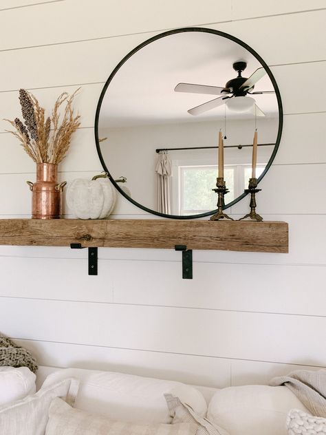 reclaimed barn beam in home decor Beam Shelf Living Room, Mirror And Shelf Above Couch, Mantel Shelf Above Couch, Shelf And Mirror Decor, Mantel Over Couch, Mirror On Shelf Living Rooms, Wall Decor With Mirrors Living Room, Mantle Above Couch, Wall Over Couch Decor