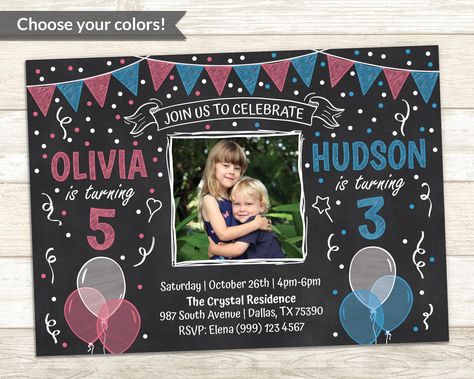 Excited to share the latest addition to my Etsy shop: Sibling Birthday Invitation - Double Birthday Party Invitation - Joint Birthday Party Invite - Chalkboard Invite - Boy and Girl Invite https://etsy.me/3t6CaVl #blackandwhite #birthday #chalkboard #siblinginvitation Double Birthday Party Ideas 1 And 3, Boy And Girl Themed Birthday Party, Combined Birthday Party Sibling Themes, Combined Birthday Party Sibling 1 And 3, Combine Birthday Party Sibling, Joined Sibling Birthday Party, Sibling Birthday Party Invitations, Sibling Party Invitations, Sibling Birthday Invitations