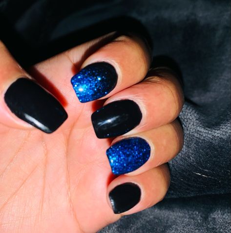 Black And Blue Sparkle Nails, Black And Blue Hoco Nails, Dark Blue And Black Nails Acrylic, Black And Blue Nail Designs Short, Blue Nails With Black Tips, Black And Blue Short Nails, Blue And Silver Dip Nails, Black And Blue Glitter Nails, Black And Blue Nails Ideas