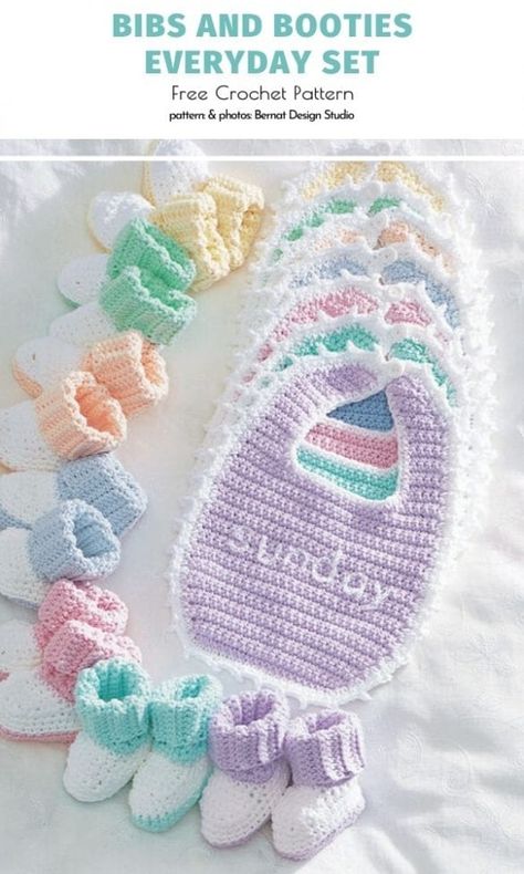 Baby Bibs Free Crochet Patterns Crochet Baby Bibs, Crochet Bib, Baby Bibs Patterns, Crochet Crowd, Confection Au Crochet, Bib Pattern, Booties Crochet, Crochet Booties, Matching Baby